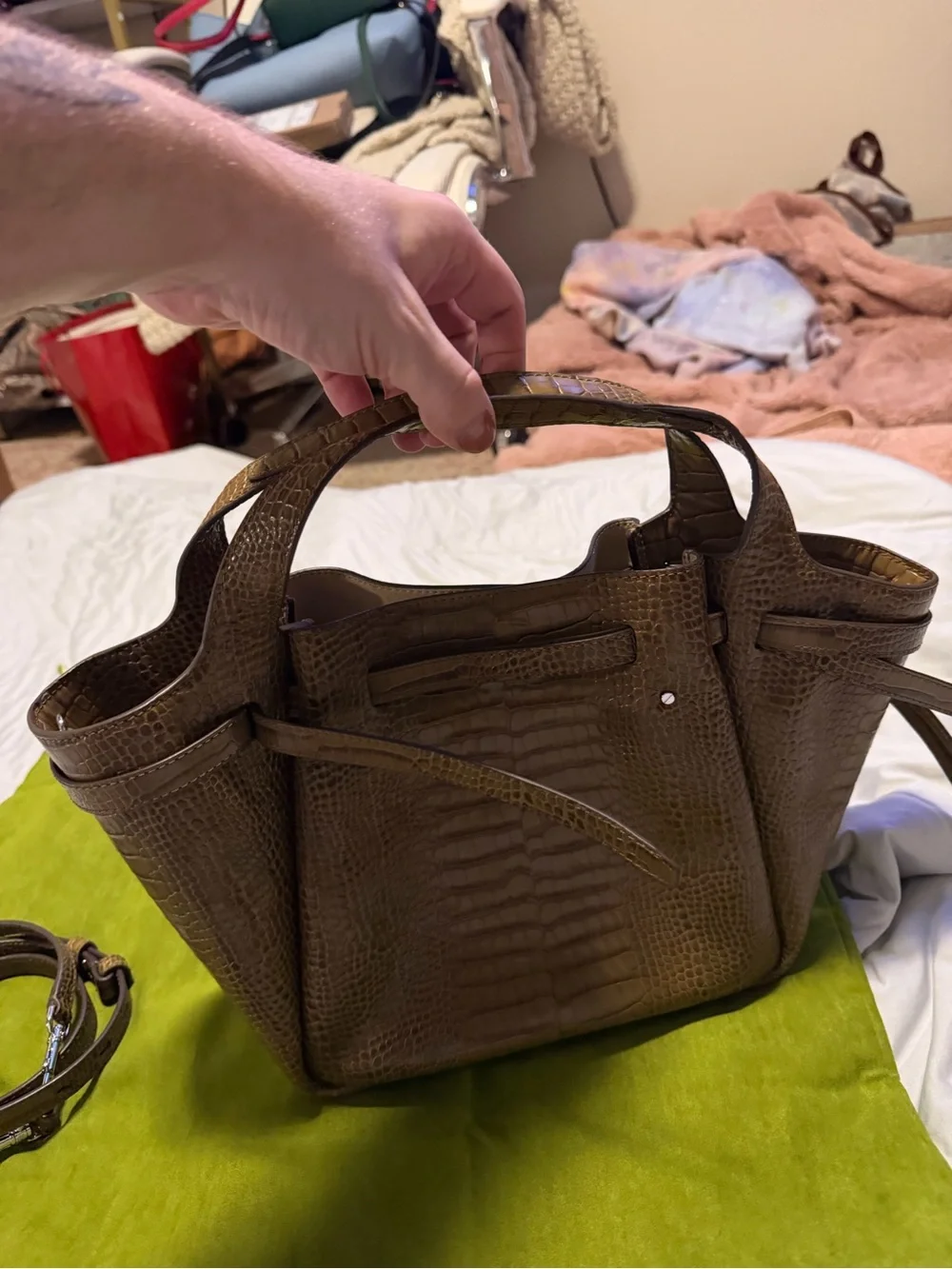 Tory Burch Olive Croc-Embossed Romy Tote with shoulder strap. “Never worn”
